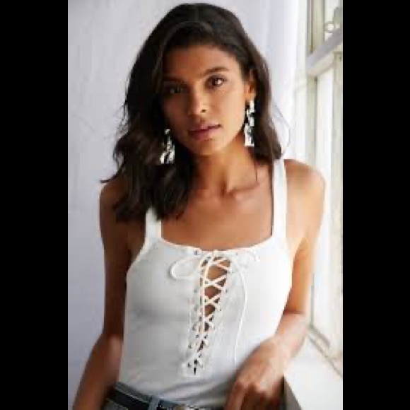 Ivory knit tie up ribbed lace bodysuit sz S - Picture 1 of 8